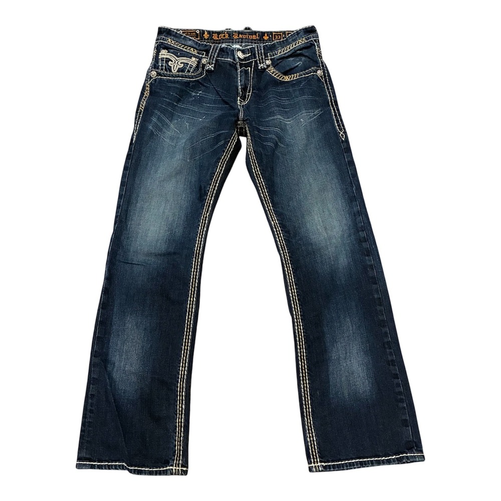 Rock Revival Pablo Relaxed Straight Jeans Dark Wash Distressed 33x32 Mens